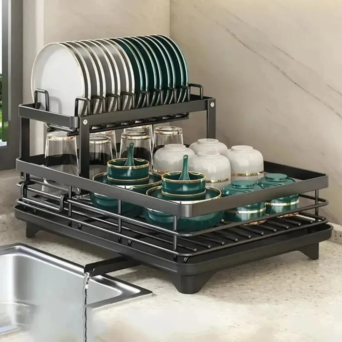 Adjustable 2-Tier Stainless Steel Dish Drying Rack