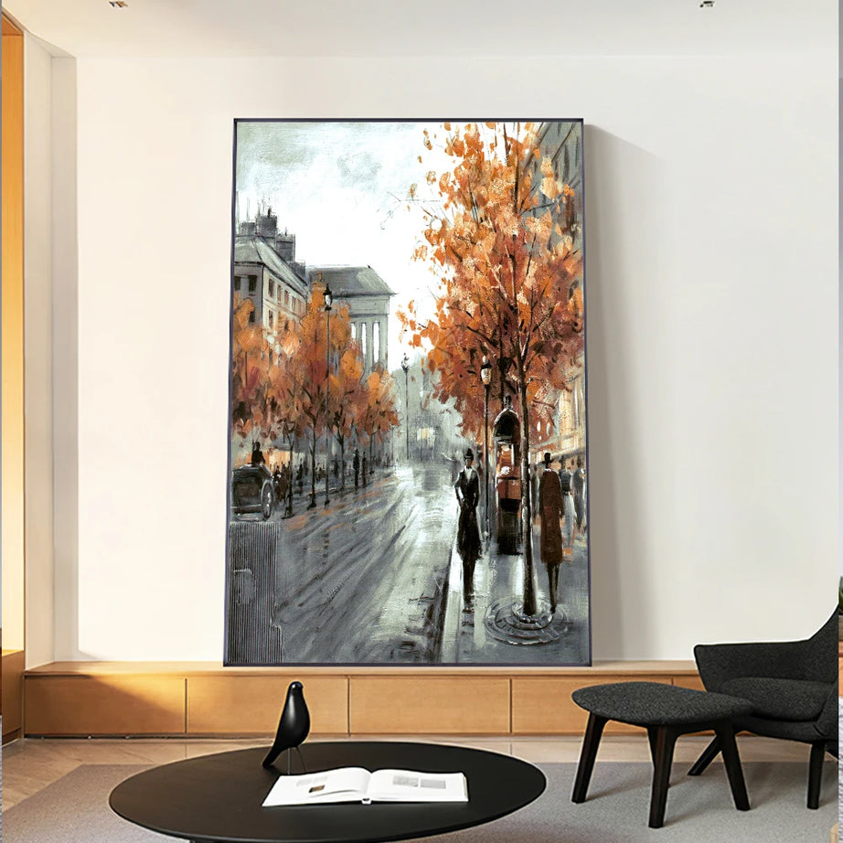 Autumn City Street Oil Painting Canvas Print for Living Room Decor